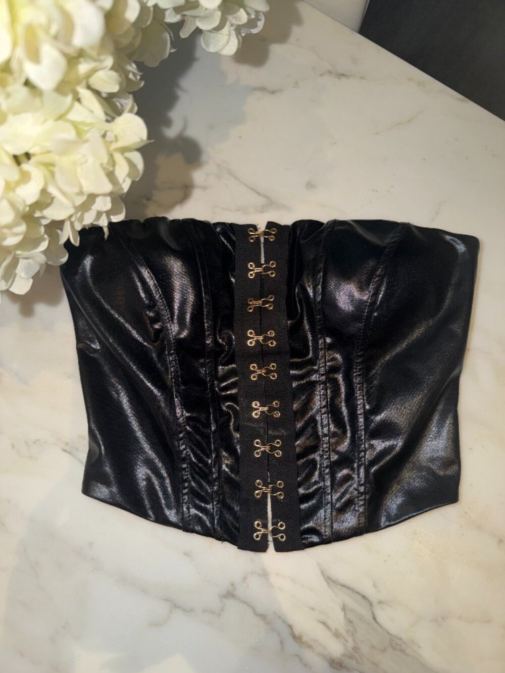 Black Faux Leather Strapless Corset Top | Hook & Eye Front Crop Top